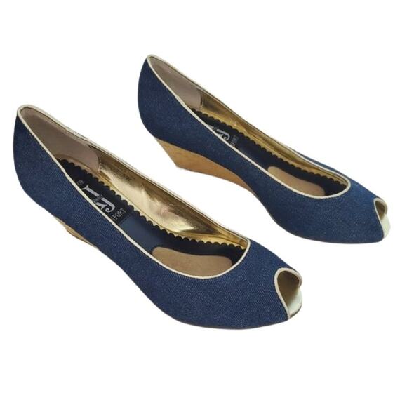 Aj Valenci Open Toe Comfort Blue Denim Wide Wedge Shoes - Picture 1 of 9